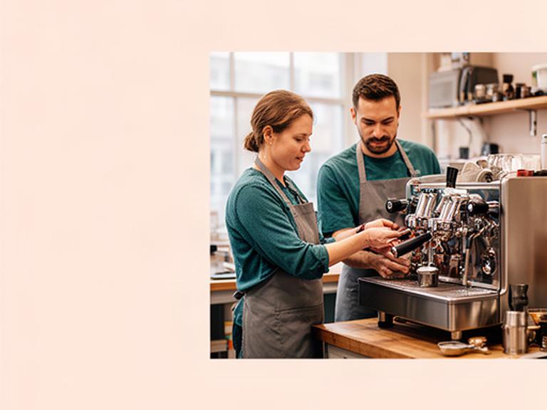 Zwei Kaffeefachleute prüfen eine Siebträgermaschine in einer hellen Werkstatt in Saint-Louis