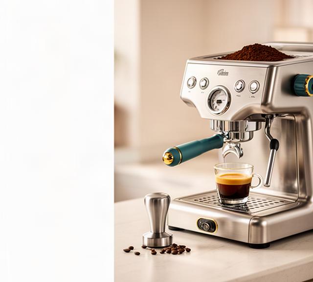 Siebträgermaschine mit frisch gemahlenem Kaffee auf einer hellen Arbeitsfläche