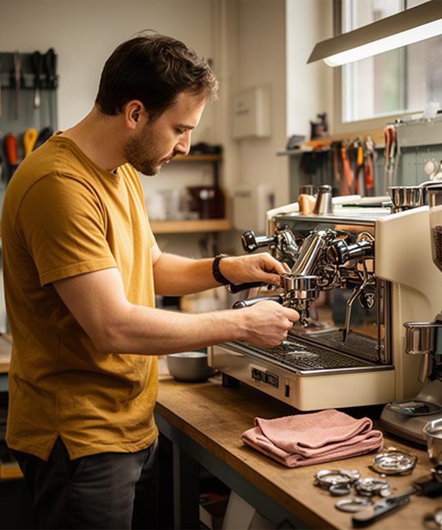 Kaffeeberater prüft eine Espressomaschine in der Werkstatt von Saint-Louis