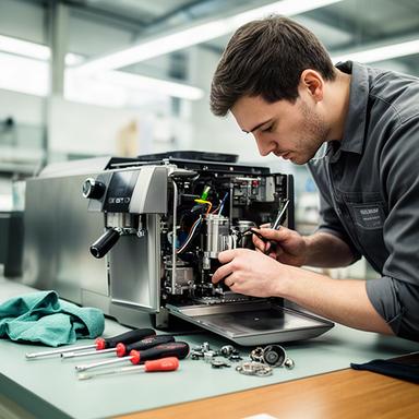 Thankarasa Slomka bei der technischen Prüfung einer Kaffeemaschine
