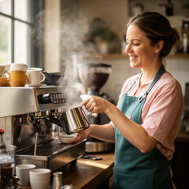 Raphiphan Wehle schäumt Milch neben einer Espressomaschine